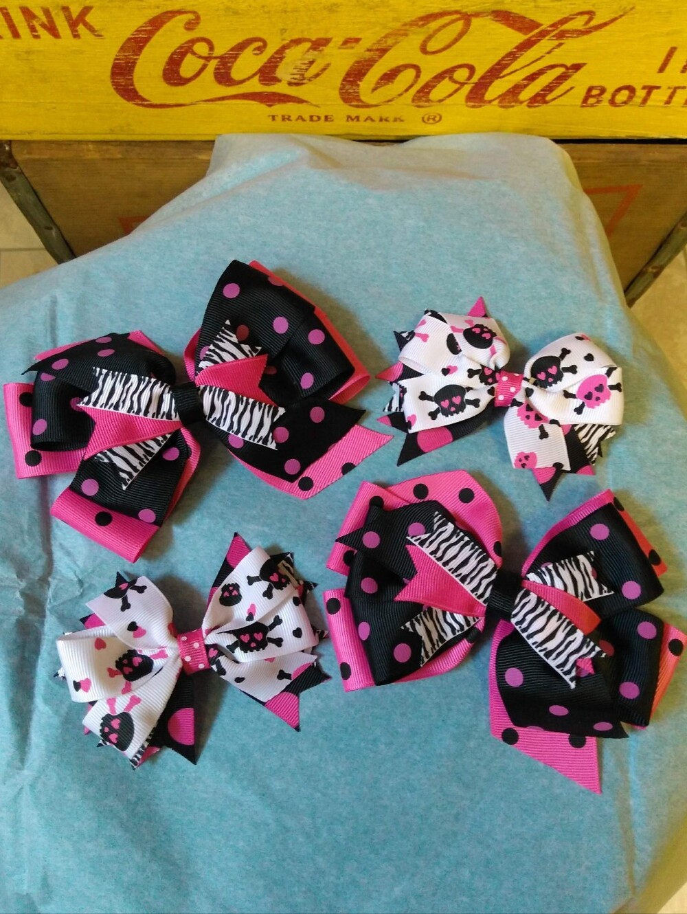 Handmade Boutique Pink And Black Skull Stacked Hair Bows 🩷🖤